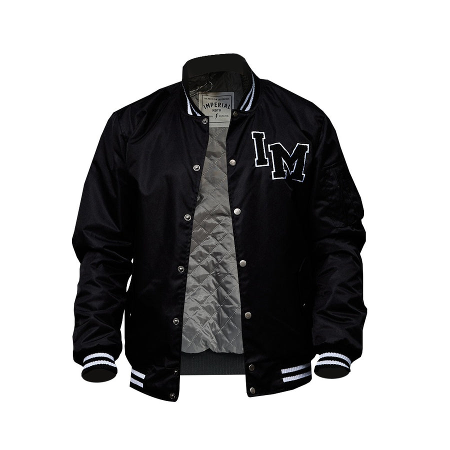Black Varsity Jacket White Leather Sleeves with White Stripes - Jack N Hoods XL